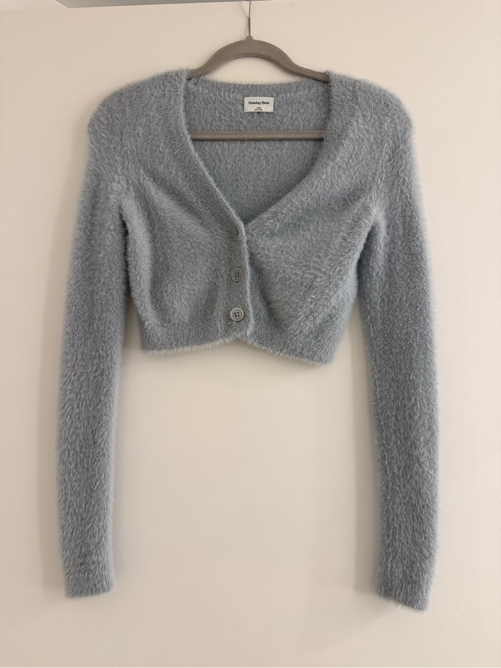 Sunday Best Light Blue/ Grey Cropped Fuzzy V-Neck Cardigan